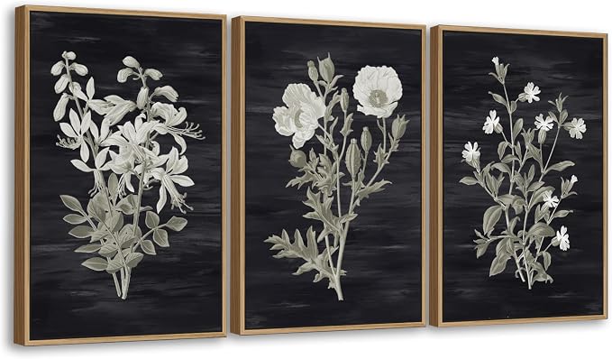 Large Botanical Wall Art for Living Room Natural Wood Float Framed Art Set of 3 Flowers Pictures Artwork Green Leaf Canvas Prints for Bedroom Kitchen Home Office Wall Decor 16"X24"X3