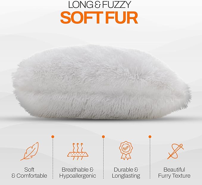 Cheer Collection Throw Pillows for Couch and Bed, Soft Shaggy Throw Pillows with Inserts Included, Cozy Long Hair Faux Fur Pillows - Set of 2-18" x 18" - White