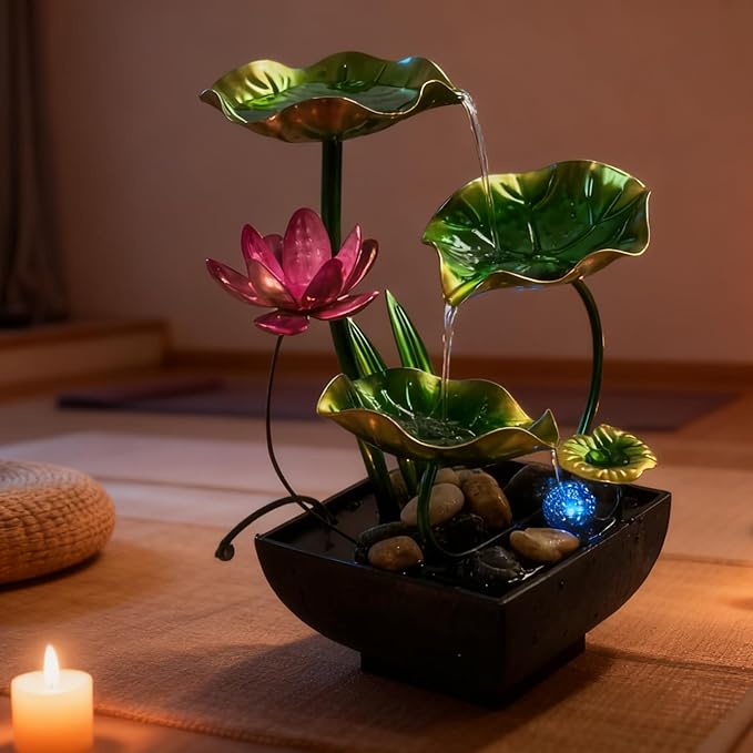 AOZITA Tabletop Fountain, Indoor Waterfall Fountain, Tall Home Décor Zen Relaxation Soothing Sound Machine for Office, Living Room, or Bedroom, Green Metal Lotus with Flower, River Rocks, LED