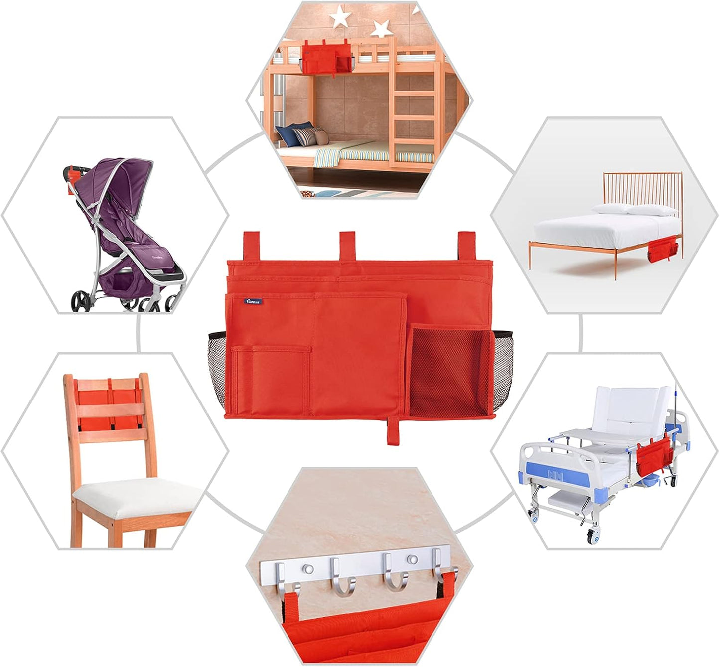 Surblue Caddy Hanging Organizer Bedside Storage Bag for Bunk and Hospital Beds, Red, L