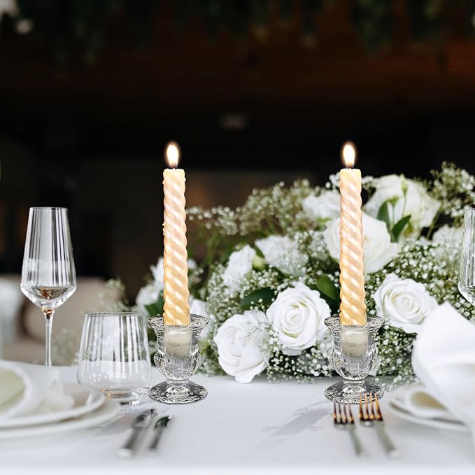 Clear Glass Candlestick Holders Taper Candle Holder Bulk 2.5 Inch Candle Stick Holder for Table Centerpiece Mantel Wedding Housewarming Gift Rustic Vintage Valentines Dinning Decoration