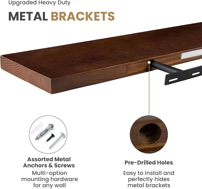 RICHFOCUS Floating Shelves for Wall 48 Inch Solid USA-Sourced Oak Wooden Shelves for Bathroom Kitchen 9" Deep Modern Wood Shelf with Heavy-Duty Bracket for Wall Mounted, Walnut Finish