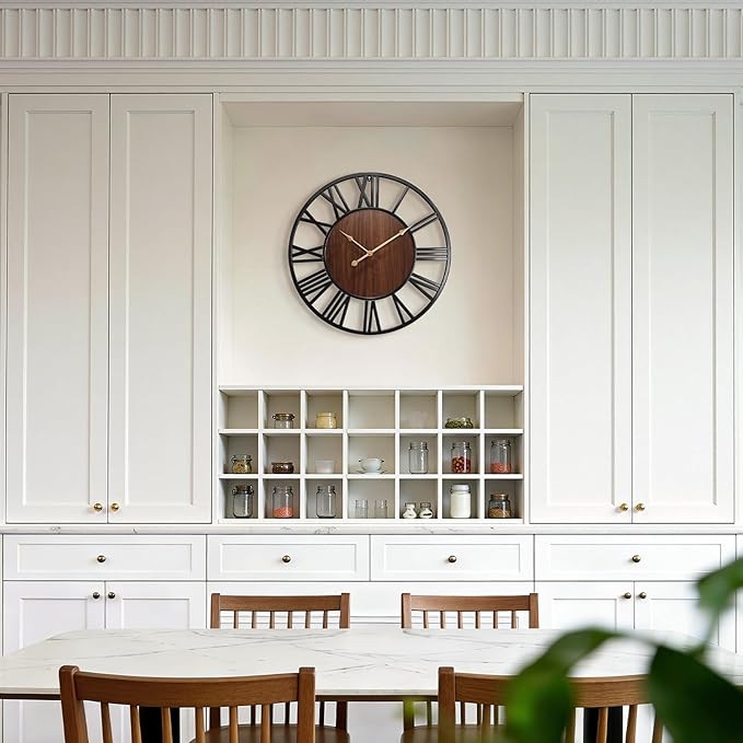 Vantic 24 Inch Large Wall Clock, Roman Numeral Wood Oversized Wall Clocks for Living Room Decor, Farmhouse, Bedroom and Kitchen, Completely Silent, Non Ticking, Battery Operated