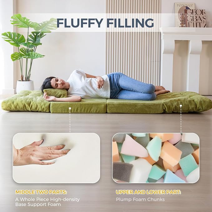 MAXYOYO Folding Sofa Bed, Tufted Bean Bag Bed with Pillows Floor Couch for Adults, Extra Thick and Long Floor Sofa, Single Couch for Bedroom Living Room, Green, 30x91 Inch