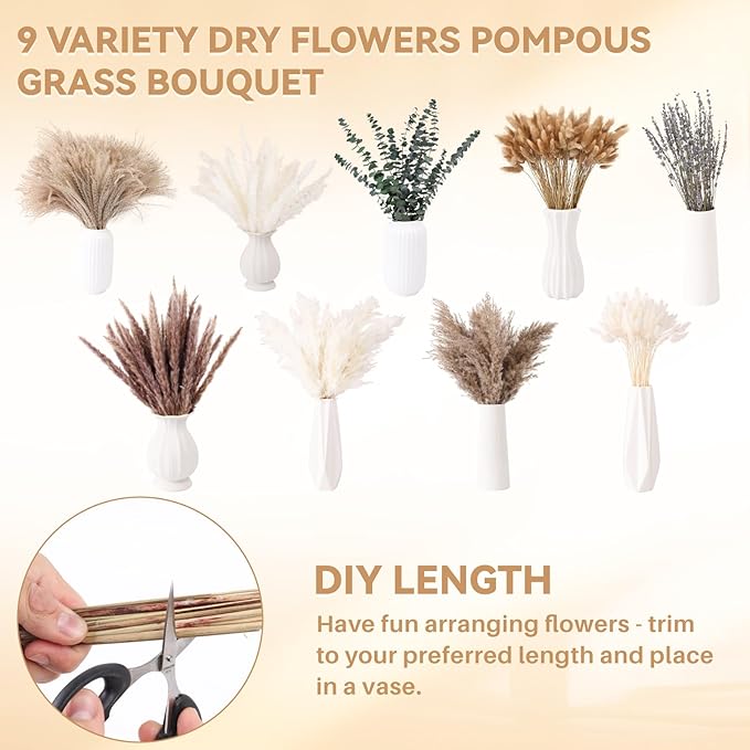 710Pcs Natural Dried Pampas Grass Decor, 9 Types Dried Flowers for Vase, Boho Pampas Bouquet for Wedding, Party, Centerpiece Table, Modern Home, Western Living Room, Nursery, Farmhouse Decor 17''