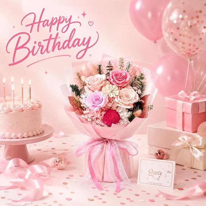 Pink Preserved Flowers Bouquet, Eternal Real Flower for Women Real Roses That Last 3 Years Handmade Floral Arrangement for Mother's Day Birthday Gifts Anniversary Surprise for Mom Women Her