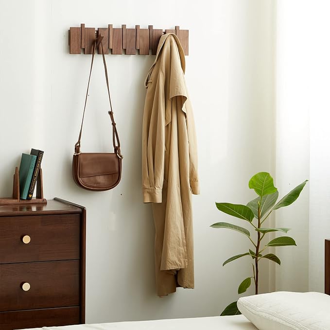 Wood Coat Rack Wall Mount - Large Walnut Piano Coat Rack wtih 5 Hooks for Hanging Clothes,Keys,Robes,Purse,Towels,Modern Decorative Wall hooks Heavy Duty Hanger Organizer for Bathroom/Bedroom/Entryway