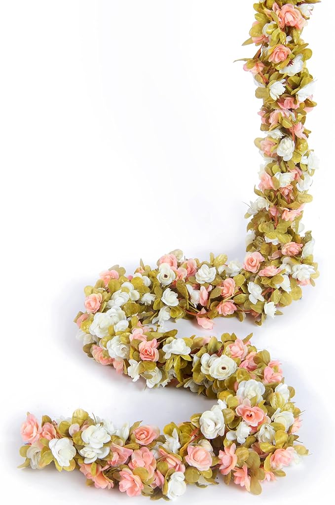 PONKING 6 Pcs x 8.2 ft Flower Garland Artificial Rose Vine Flowers with Green Leaves Hanging Fake Roses Vine for Room Party Home Wedding Birthday Christmas Wall Arch Decor, Fall Pink Flower