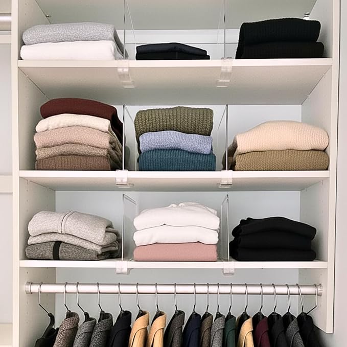 SortNStore Shelf Dividers Purse Organizer for Closet: 16-Pack Acrylic Bag Storage Organizer for Handbags, Clutches, Clothes, Sweater, Towel on Wood Shelves