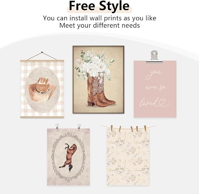Tocliky Cowgirl Nursery Wall Art Coquette Western Girl Poster Vintage Horse Floral Canvas Pictures Aesthetic Pink Preppy Room Wall Decor Rustic Cowgirl Prints for Girls Bedroom 12x16x5 Inch Unframed