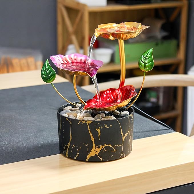 Desk Fountain Indoor Waterfall Fountain Flowers Themed 3-Tier Tabletop Fountain Home Decor Soothing Sound Machine(Galsang)