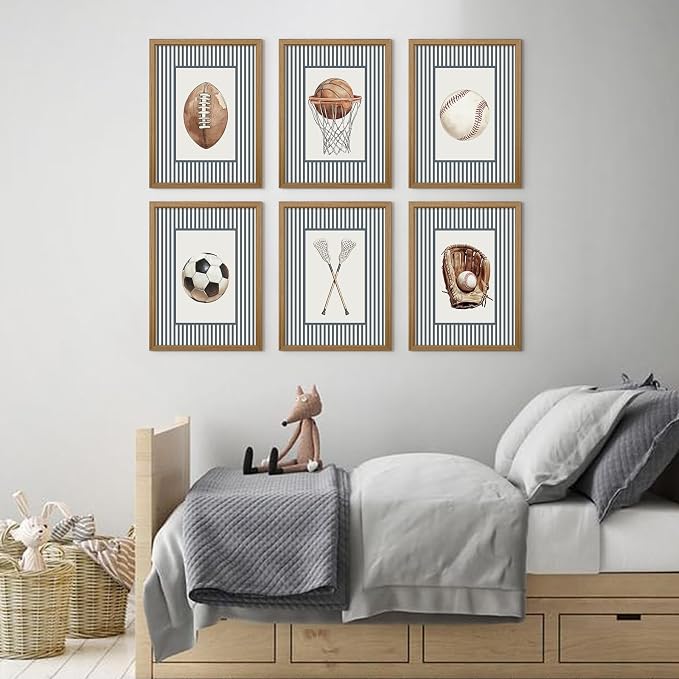 Sports Wall Art Decor Toddler Boys Room Canvas Prints Vintage Sports Nursery Wall Decor Baby Kids Poster Football Baseball Pictures Basketball Soccer Artwork for Children Bedroom 12x16x6 Inch Framed