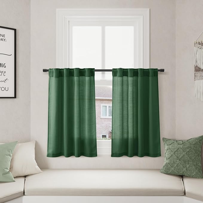 Green Kitchen Cafe Curtains 30 Inch Length Linen Blend Privacy Light Filtering Short Rustic Curtain with Rod Pocket Back Tab Pleated Design for Over Sink Bathroom Laundry Room 2 Panels 26Wx30L
