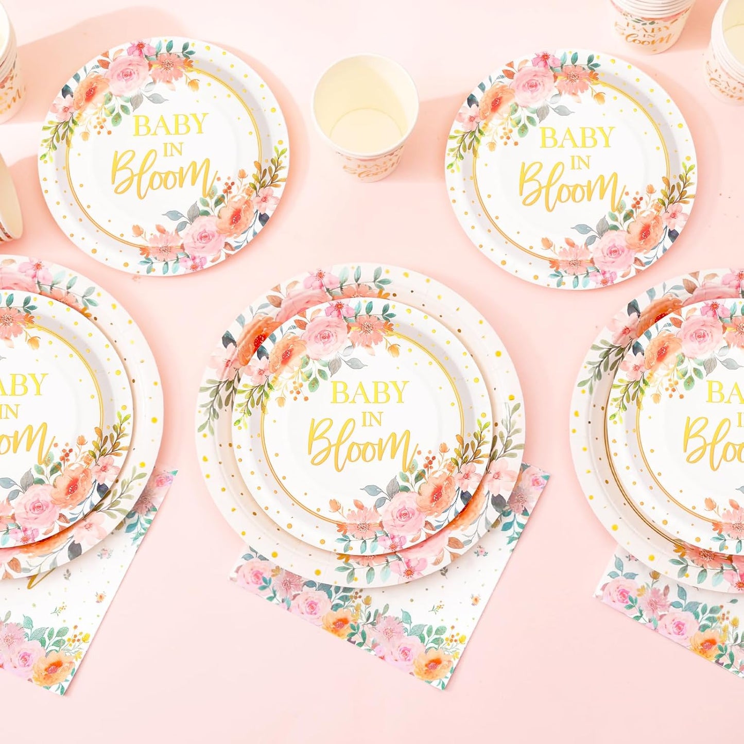 350 Pcs Baby in Bloom Baby Shower Decorations for Girl, Its a Girl Baby Shower Plates and Cups and Napkins Sets, Pink Floral Baby in Bloom Plates and Napkins Sets, Serves 50
