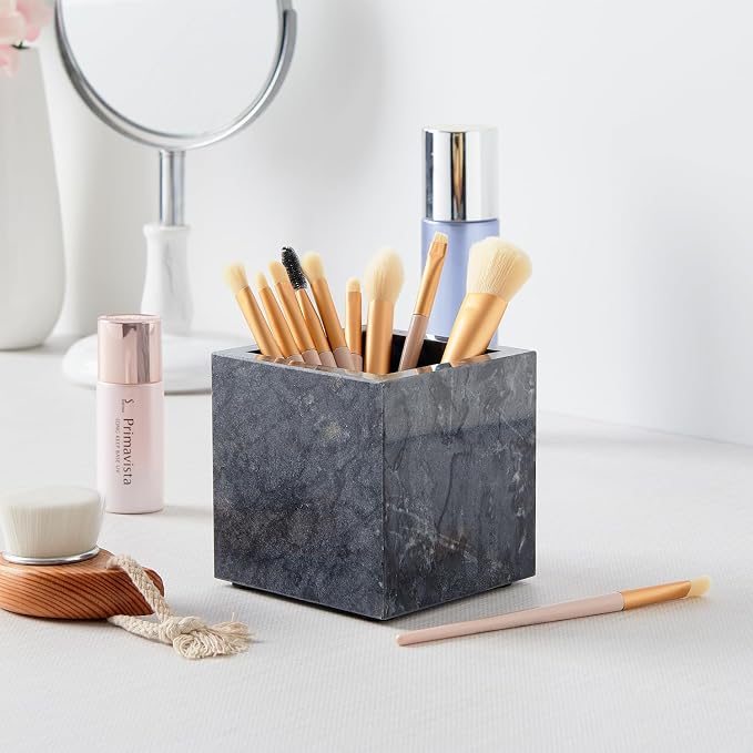 Real Luxurious Natural Marble Toothbrush Holder & Makeup Brush Organizer & Pen Holder for Desk,3.93inch Square Marble Utensil Holder Non-Ceramic/Non-Resin (Gray)