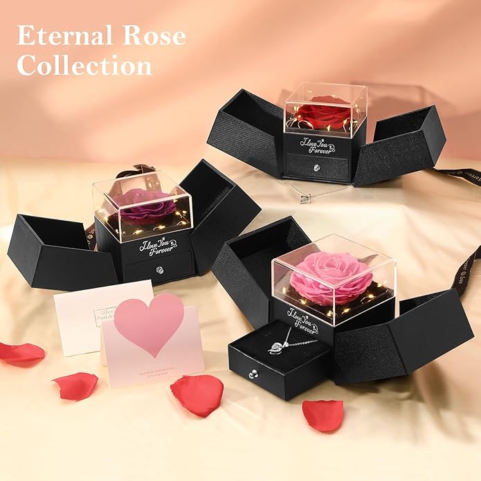 Emibele Preserved Rose Gifts for Women, Eternal Flower Rose Box with Heart Necklace, Romantic I Love You Gifts for Women Her Wife Mom Grandma on Valentines Mothers Day Birthday Anniversary