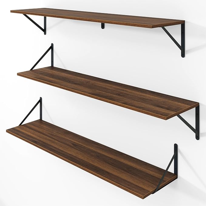 Vivelove 8 Inch Deep Floating Shelves for Wall, 36W x 8D Wood Wall Shelves Set of 3, Walnut Wide Floating Bookshelf for Living Room, Kitchen, Office, Bedroom, with Black Metal Bracke - Walnut