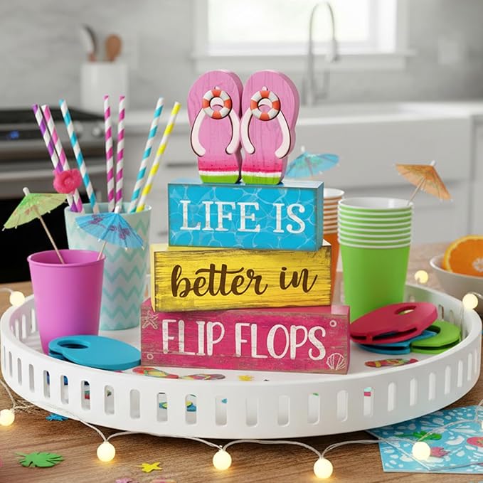 Yuntau 4 Pcs Summer Decorations for Office Hawaii Table Decorations Wooden Sign Flip Flops Table Centerpiece Summer Tiered Tray Decor Decorative Faux Book Stack Block for Coffee Mantel Floating Shelf