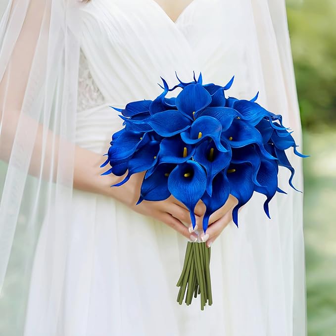 24 Pcs Blue Artificial Calla Lily Flowers Fake Blue Silk Flowers Real Touch for Wedding Bouquet Office Home Kitchen Decor