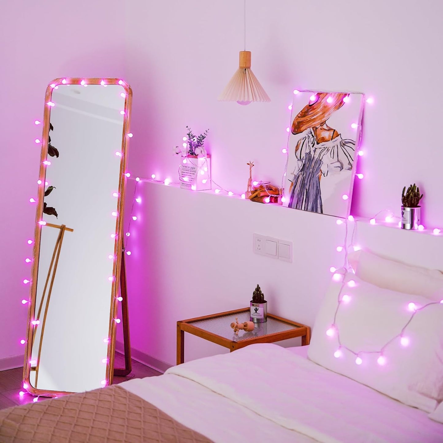 JMEXSUSS 100 LED Pink String Lights Indoor, Connectable Globe String Lights Plug in, 8 Modes 33ft Pink Christmas Fairy Light with Remote for Bedroom Girl's Room Dorm Anniversary Party Decor