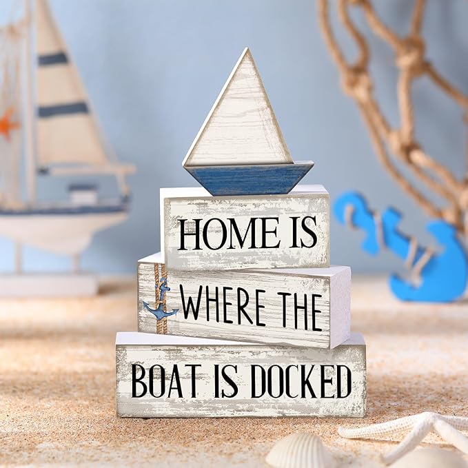 Conelist 4 Pcs Nautical Wooden Table Decor Farmhouse Sailboat Centerpieces Vintage Tiered Tray Decoration Home is Where The Boat is Docked Block Sign for Home Living Room Bedroom Office Decor