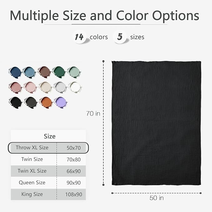 Carriediosa 100% Cotton Muslin Throw Blanket 50" X 70" Throw XL Size,4-Layers Summer Gauze Throws for Bed Couch,Soft Lightweight Breathable Linen Blankets Bedspread for Adults All Season,Black