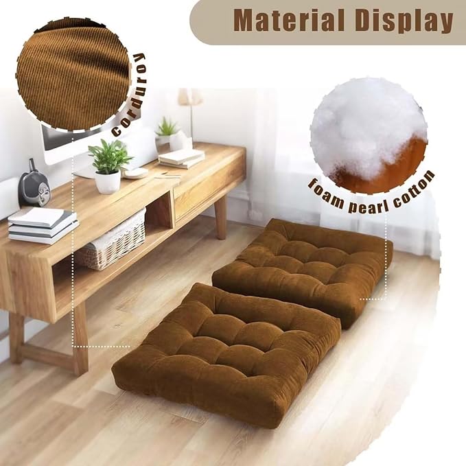 Meditation Floor Pillow Set of 2 Square Large Seat Pillows for Adults Tufted Corduroy Floor Cushion for Tatami Living Room Bedroom Yellow 22x22 Inch