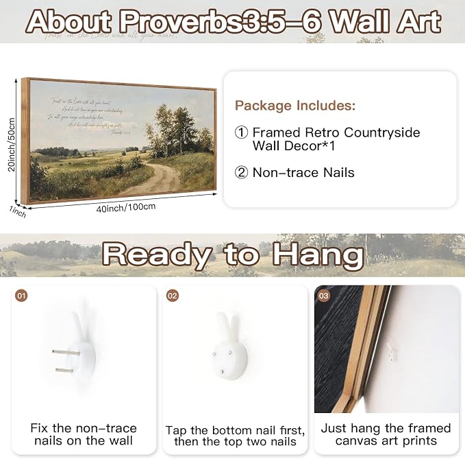 CHDITB Trust in the Lord Provervs 3:5-6 Bible Verses Wall Art Framed, Neutral Farmhouse Countryside Landscape Scripture Canvas Artwork, Large Vintage Religious Biblical Nature Scenery Field Wilderness Painting Decor for Living Room Office (40"L x 20"W)