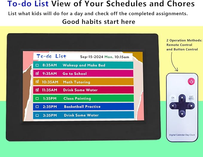 MASSII Digital Teaching Clock Talking Time, 24 Alarms Custom Reminders, Checklist to-Do List, Auto DST & Calendar Display, Sleep Trainer, Easy to Use for Kids Birthday Gift- Black with Remote