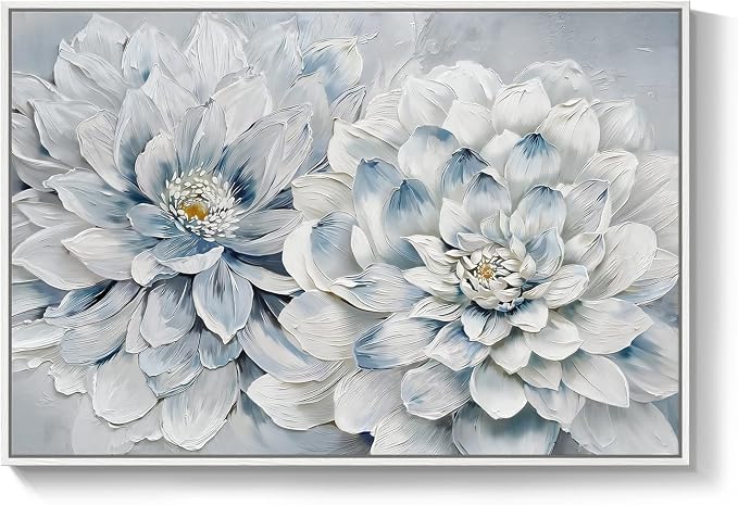Framed Floral Wall Art, Modern Botanical Canvas Prints Artwork for Walls, Natural Pastel Watercolor Blue and White Elegant Flower Pictures for Living Room Bedroom Dining Room Wall Decor, 24x36 Inch