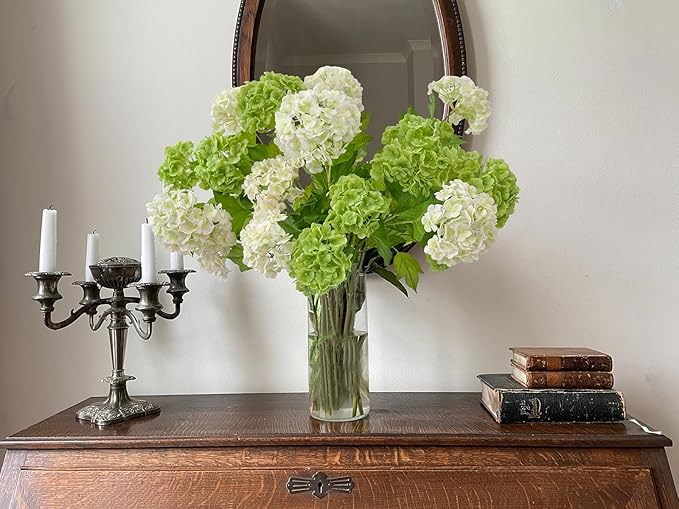 YalzoneMet RUZUQE 4 Pcs Dark Green Artificial Snowball Viburnum Flower 26.8‘’ Small Blooms Hydrangea Real Touch Faux Latex Long Stem Snowball for Spring Home Decoration Table Centerpiece