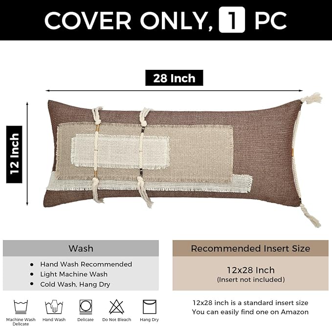 Boho Body Pillow Cover 12x28 Inches, Decorative Lumbar Throw Pillow Cushion Cover for Bed Couch Sofa, Farmhouse Pillowcase for Bedroom Living Room Home Décor