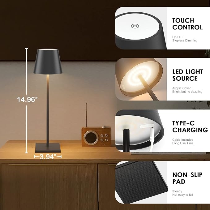 4-Pack LED Rechargeable Table Lamp, Battery Desk lamp 5000mAh Battery Operated Stepless Dimming Modern Portable Table Light for Restaurant/Dinner/Bedroom/Outdoor IP54 Waterproof (Black)