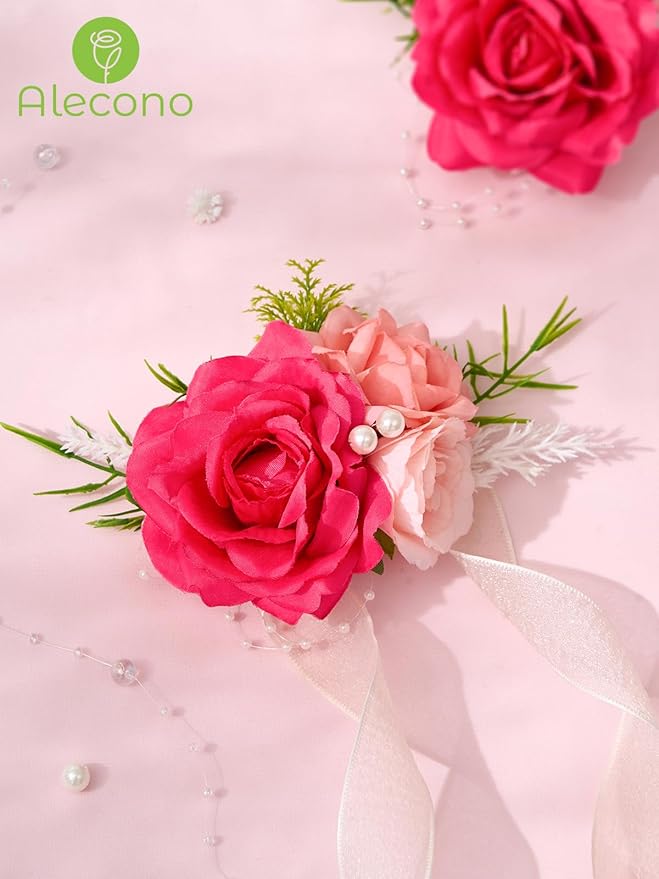 Alecono Hot Pink Corsage and Boutonniere Set, Corsages for Bride Bridesmaid Groom Bridegroom, Artificial Flowers for Prom Graduation Ceremony Anniversary