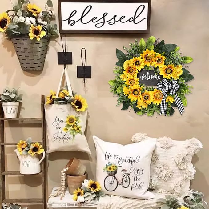 sunflower wreath with welcome,spring summer wreath for front door, unique housewarming gift,mother'day gift,farmhouse porch decor,sunflower wall decor,wedding favors,year round wreaths-20inch
