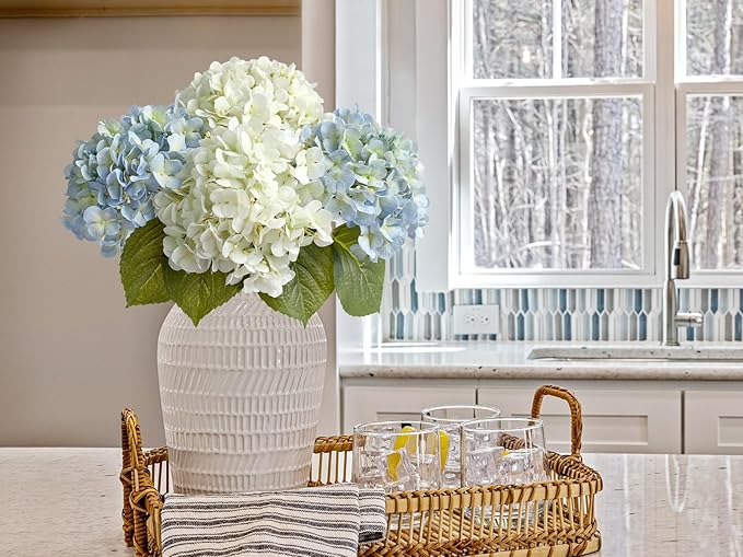 ZYTUYO 2PCS White & 2PCS 20" Light Blue Hydrangea Artificial Flowers Real Touch Faux Hydrangeas with Long Stem for Spring Home Decor Baby Shower Floral Arrangement Kitchen Party Wedding Xmas Decor