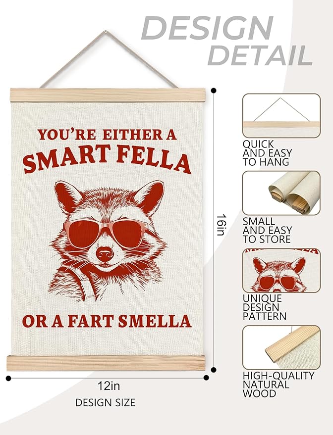 Foritho Funny Raccoon Meme Wall Art Poster Framed, Retro Sarcastic Trash Panda Are You A Smart Fella Or Fart Smella Canvas Prints Wall Decor for Home Bathroom Restroom Man Cave Teen Room, 12x16 Inch