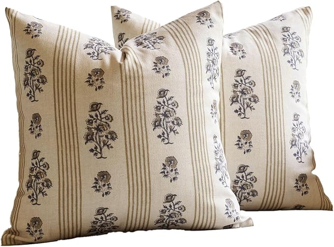 Amor Virisso Floral Throw Pillow Covers 20x20 Set of 2 Block Print Pillow Covers Neutral Floral Striped Farmhouse Decorative Pillow Covers for Sofa Couch Bed, Yellow