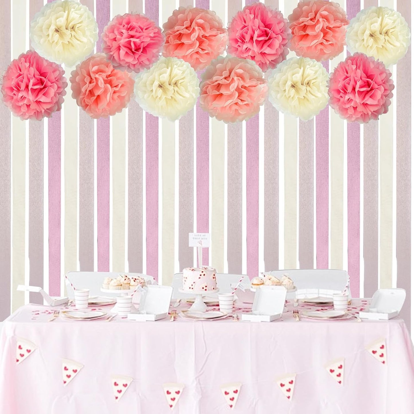 Pink Party Streamers Bridal Shower Decorations - Blush Pink Cream Colorful Paper Pom Poms Wall Decor for Baby Showers, Weddings, Graduations, Tea Parties, Engagement