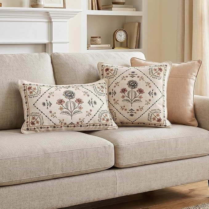 ISAENNE Designer Linen Throw Pillow Cover,Set of 2,18"x18"-Cornucopia B | Elegant French Square Pillow Cover,Concealed Zipper Design,Floral Pattern,Sofas,Bedroom,Living Room,Lounge Chairs