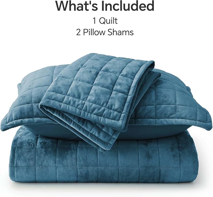 BEDELITE Velvet Quilt Set King Size - Luxury Soft Velvet Comforter Bedding Set for All Season, Lightweight Quilted Box Stitch Oversized Bedspread Coverlet with 2 Matching Shams, Blue