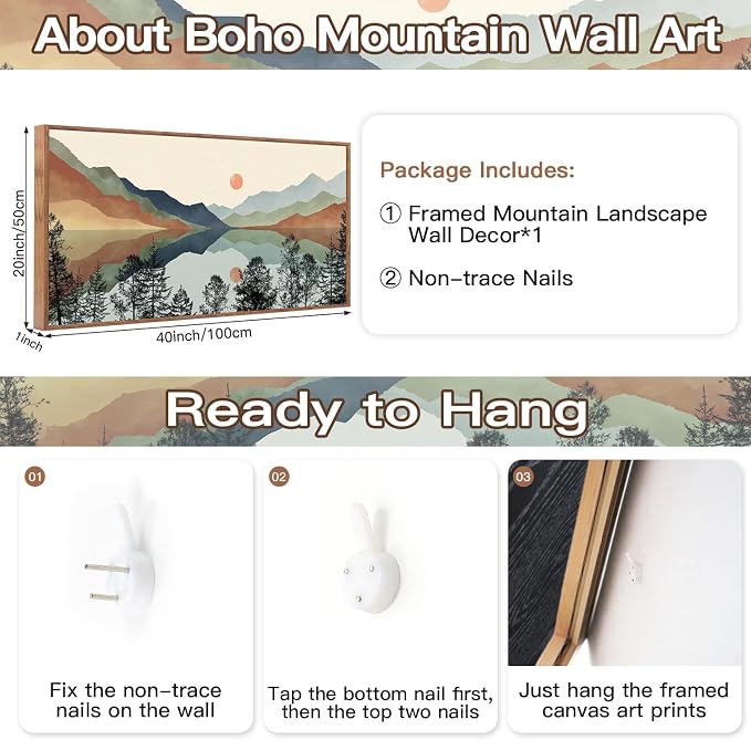 CHDITB Mountain Sun Forest Framed Art Prints(40"x20"), Boho Watercolor Nature Landscape Canvas Artwork Painting, Abstract Foggy National Park Scenery Poster Decor for Living Room Bedroom