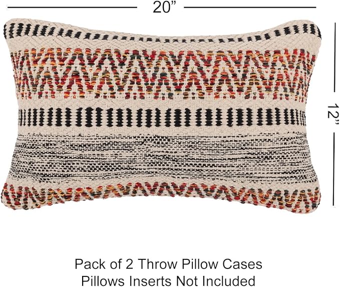 REDEARTH · Boho Textured Throw Pillow Cushion Covers - Lumbar Woven Tufted Decorative Farmhouse Cases Set for Couch, Sofa, Bed, Chair, Dining, Patio, Outdoor; 100% Cotton (12"x20", Multi) Pack of 2