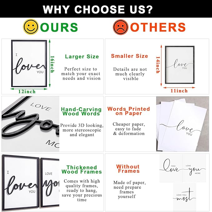 3D Wood I Love You Sign, Framed Love You More Sign 36x16”, Black And White Wall Decor for Bedroom Room Living Room (12x16 inches, Set of 3, Framed)