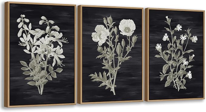 Large Botanical Wall Art for Living Room Natural Wood Float Framed Art Set of 3 White Flowers Pictures Artwork Green Leaf Canvas Prints for Bedroom Kitchen Home Office Wall Decor 20"X28"X3