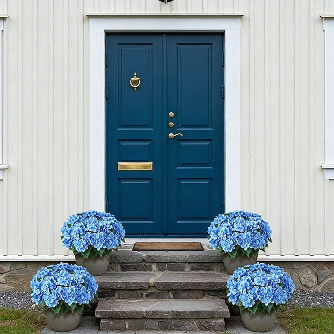 FOTEEWL 16 Bundles Artificial Hydrangea Flowers for Outdoor Decor, Realistic Faux Silk Bouquets Sun-Resistant Fake Plants for Front Door Balcony Farmhouse Garden Home Spring Summer Decor (Blue)