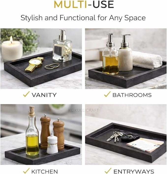 Natural Marble Tray, Black, 12" x 8", Rectangular | For Bathroom, Kitchen & Vanity Organizer, Desktop & Coffee Table Use, Stone Organizer
