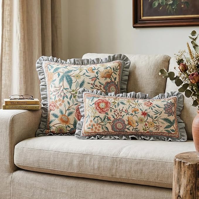 bilin gaier Vintage Linen Throw Pillow Cover,28"x12"-Flowershadow A | Designer Rectangular Pillow Cover,Concealed Zipper Design,Floral Pattern,Sofas,Bedroom,Living Room,Lounge Chairs