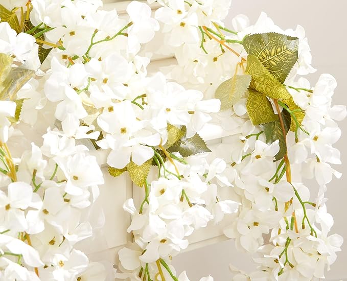 PONKING Flower Garland, Artificial Hydrangea Vine Flowers, Hanging Fake Hydrangeas Vine for Room Anniversary Wedding Birthday Christmas Wall Arch Decor, 2 Pcs, Floral Garland, White Flower