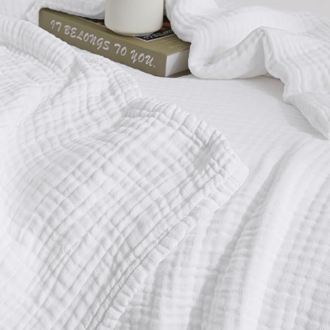 David's Home Soft Muslin Blanket Throw Size for Adults, 60% Rayon 40% Cotton, Breathable Lightweight Cooling Blanket for Hot Sleepers, 4-Layer Cozy Gauze for Bed, 50"x60", White